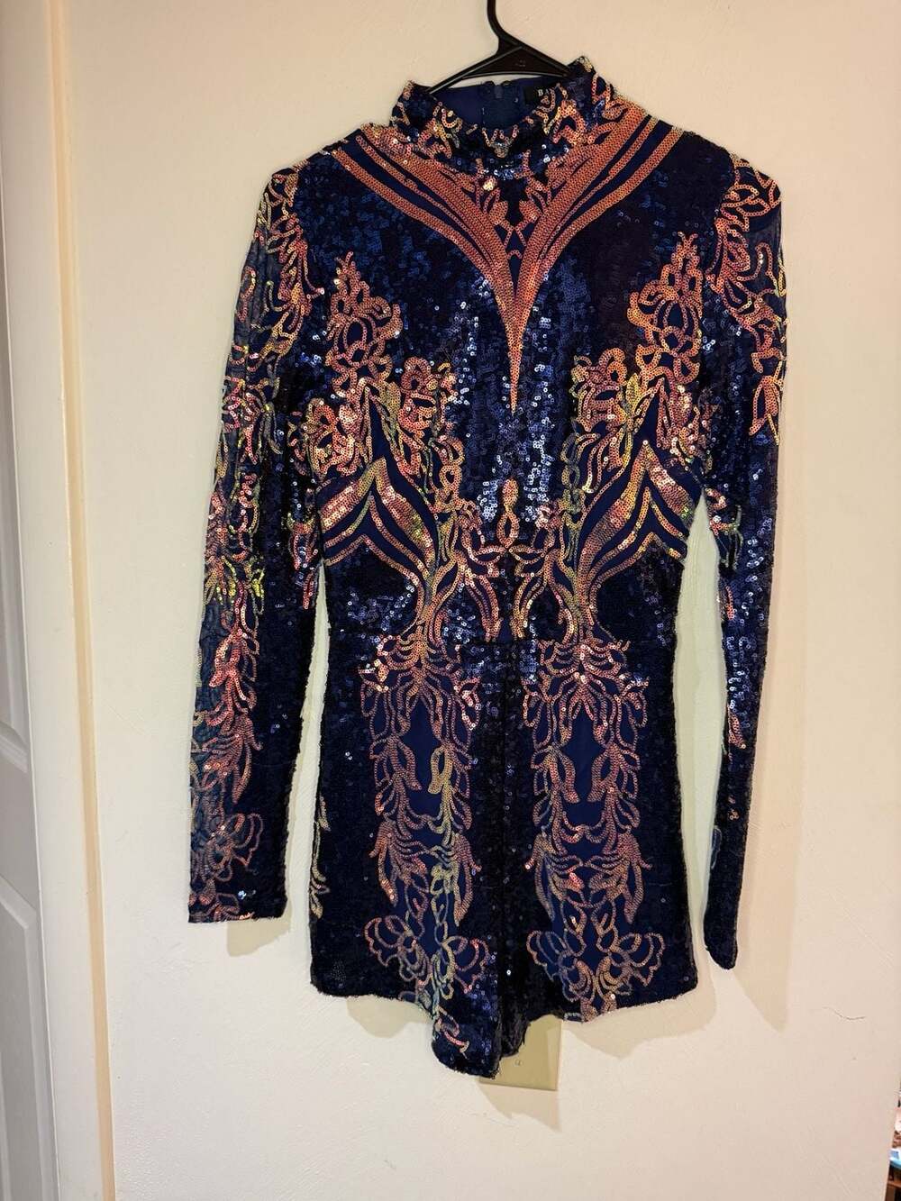 Banjul Sequin Romper Small Navy Gold Floral Long Sleeve Mock Neck Party Cocktail